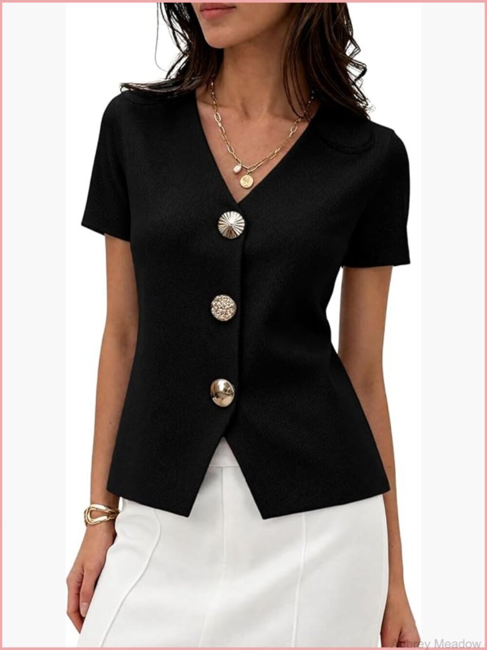 V-Neck Short Sleeve Cardigan with Gold Buttons Cropped Knit Top